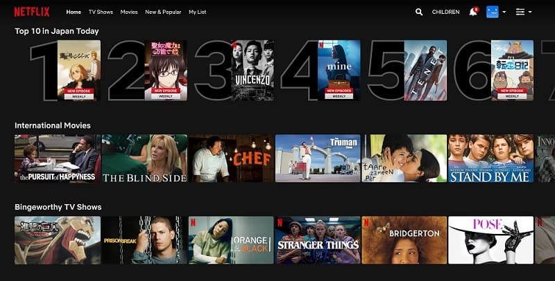 Netflixのトップ画面(日本からのアクセス)