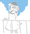 はてなハイカーさん、横浜っぽい港でたそがれるワンピ少女のイラスト