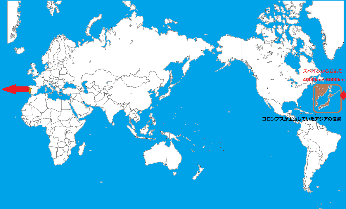 コロンブスはスペインから4800kmほど西へ進めばアジアに到達できると主張した