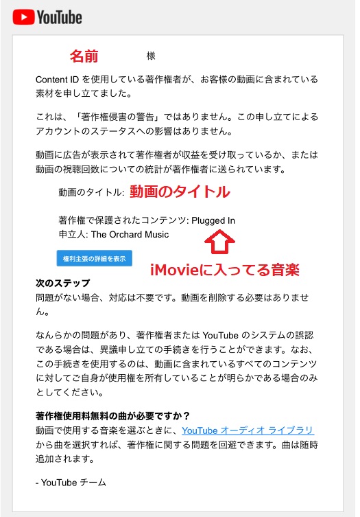 YouTubeから著作権の申し立てがあった件で届いたメール
