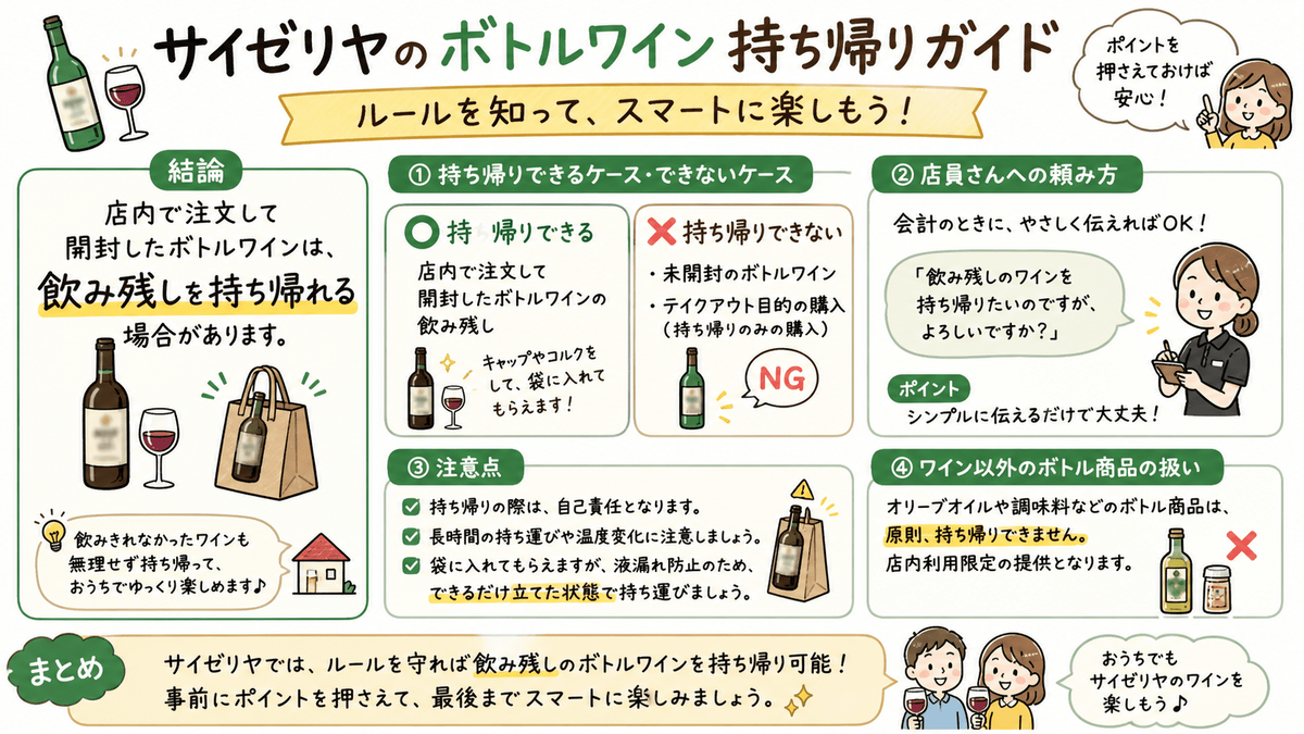 サイゼリヤのボトル持ち帰り完全ガイド｜飲み残しワインの頼み方と注意 
