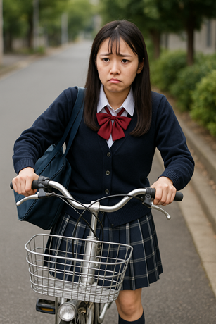 自転車が故障して困っている女子高生