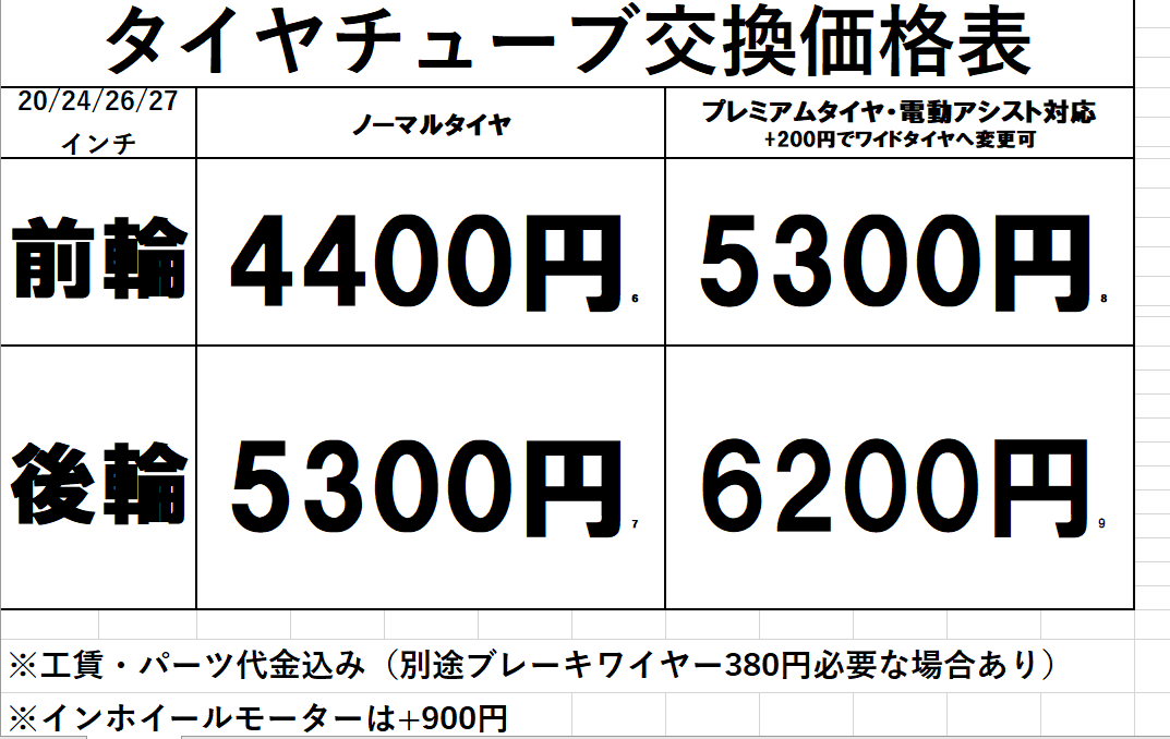 悠々サイクルタイヤ交換価格