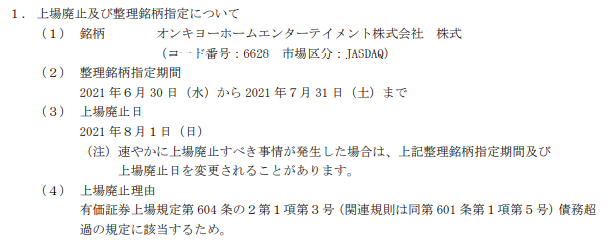 オンキヨー 有価証券報告書 提出 上場廃止