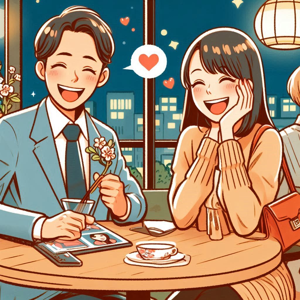 婚活パーティーで男性と女性が笑顔で話している様子