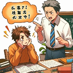 大人しい中学生の子供を叱っている画像