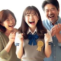 中学生がリビング学習で成績が上がって家族と喜んでいる画像1