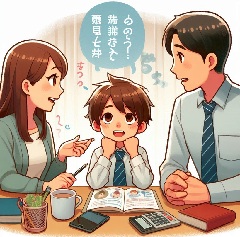 小学生が両親と話し合いをしている画像
