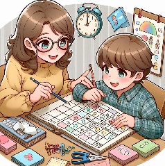 小学生が母親と一緒に国語の勉強をしている画像