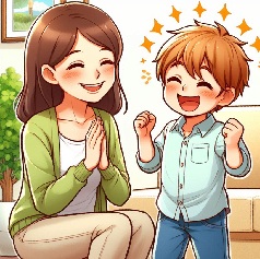小学生が国語の成績が上がって褒められて喜んでいる画像