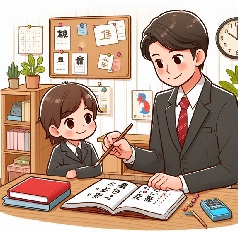 小学生が国語の勉強を家庭教師に教えてもらっている画像