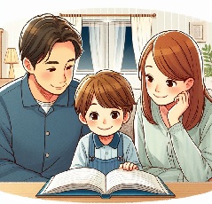 両親と一緒に小学生が国語の勉強をしている画像