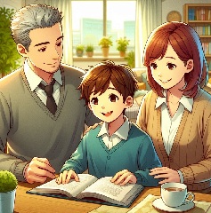 両親と一緒に小学生が国語の勉強をしている画像2