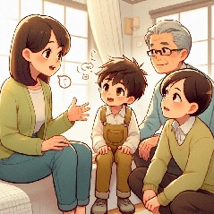 小学生が家族とディベートをしている画像
