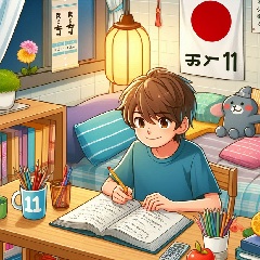 自分の部屋で小学生が国語の勉強をしている画像