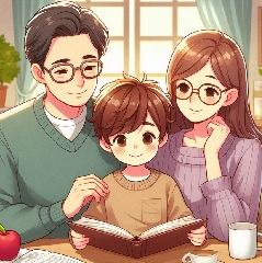 眼鏡をかけた両親と小学生が国語の勉強をしている画像