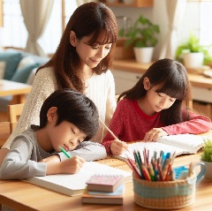 小学生が母親とリビング学習をしている画像