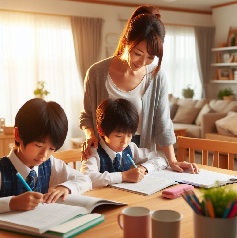 小学生の兄弟が母親とリビング学習をしている画像