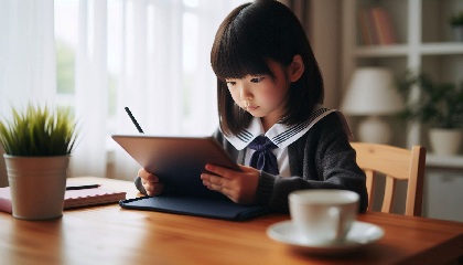 小学生が学習アプリを使ってリビング学習をしている画像