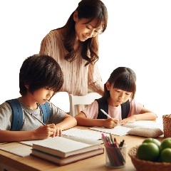 小学生が母親とリビング学習をしている画像