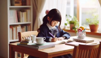 女子小学生がリビング学習をしている画像22