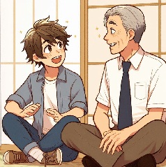 中学生がお小遣いの使い方をおじいちゃんに相談している画像