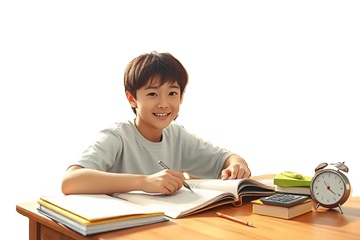 小学生が集中できるレイアウトのリビングで学習している写真5