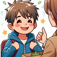 食べ物の好き嫌い（偏食）を克服して褒められている小学生