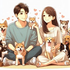 福岡の犬好き女性が犬好き男性とオンラインで楽しそうに話しているイラスト