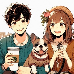 東京の犬好き女性がオンライン婚活で出会った犬好きの男性とデートしているイラスト4