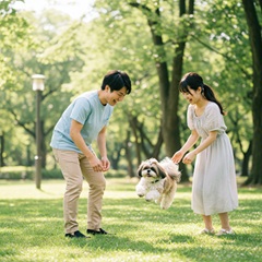 男性と女性がシー・ズーと一緒に遊んでいる画像