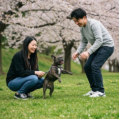 男性と女性がフレンチ・ブルドッグと一緒に遊んでいる画像