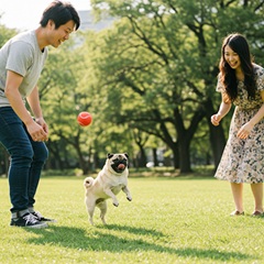 男性と女性がパグと一緒に遊んでいる画像