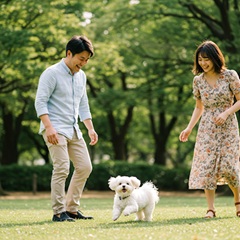 男性と女性がマルチーズと一緒に遊んでいる画像