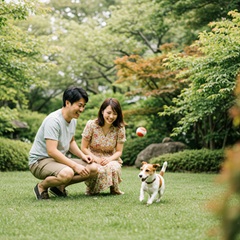 日本の男性と女性がジャック・ラッセル・テリアと一緒に遊んでいる画像
