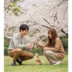 男性と女性がスムースチワワと一緒に遊んでいる画像