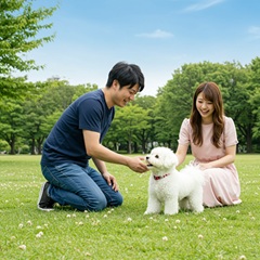 男性と女性がビション・フリーゼと一緒に遊んでいる画像
