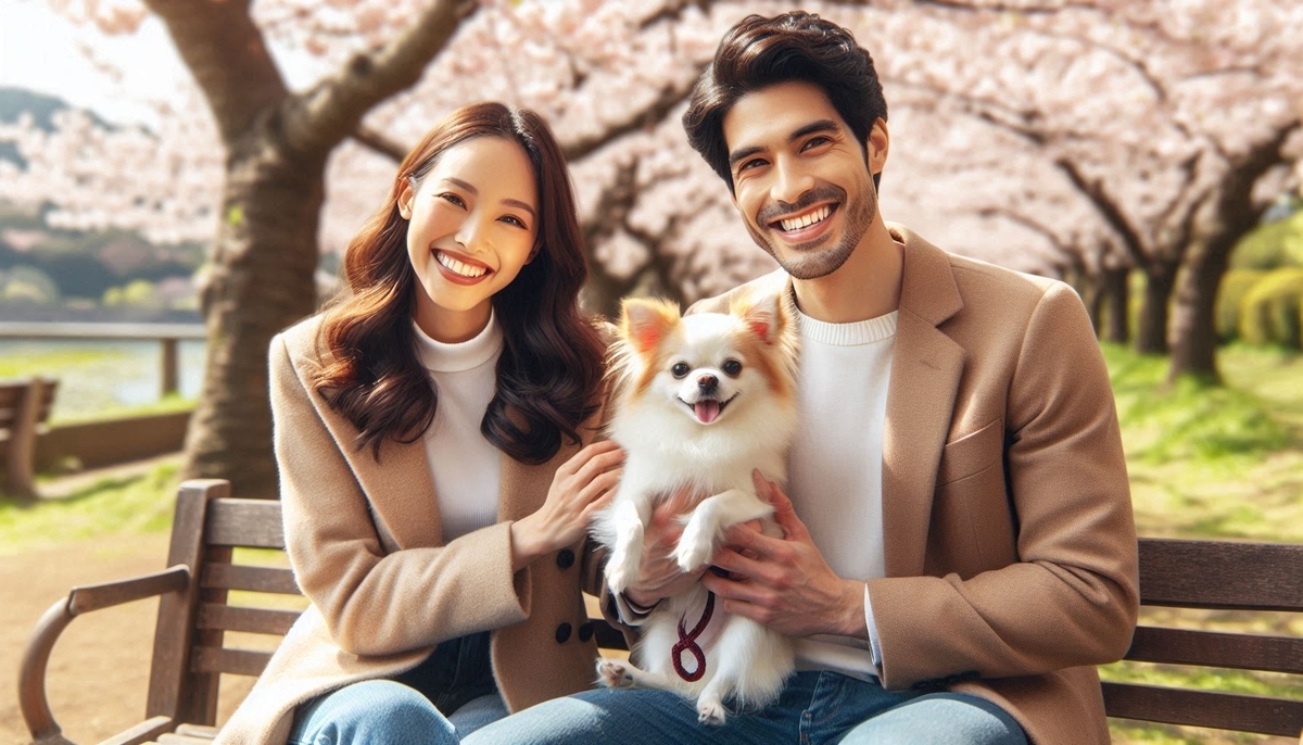 桜の下で犬と触れ合う笑顔の男女