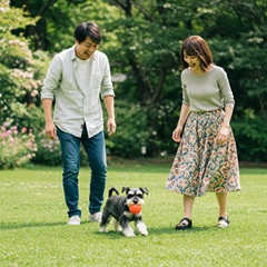 ミニチュアシュナウザーを連れて散歩するカップル
