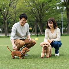 犬を連れて散歩する笑顔の男女