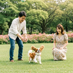 公園でパピヨンと一緒にくつろぐ男女
