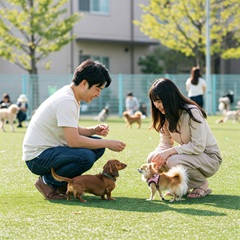 ミニチュアダックスフンドを抱っこして笑顔の男女