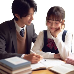 女子高校生が塾で勉強を教えて貰っている写真