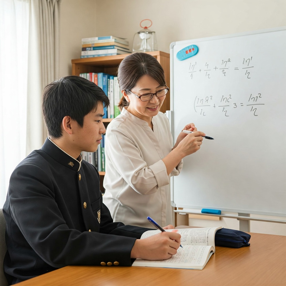 男子中学生が成績を上げる塾で勉強を教えて貰っている画像