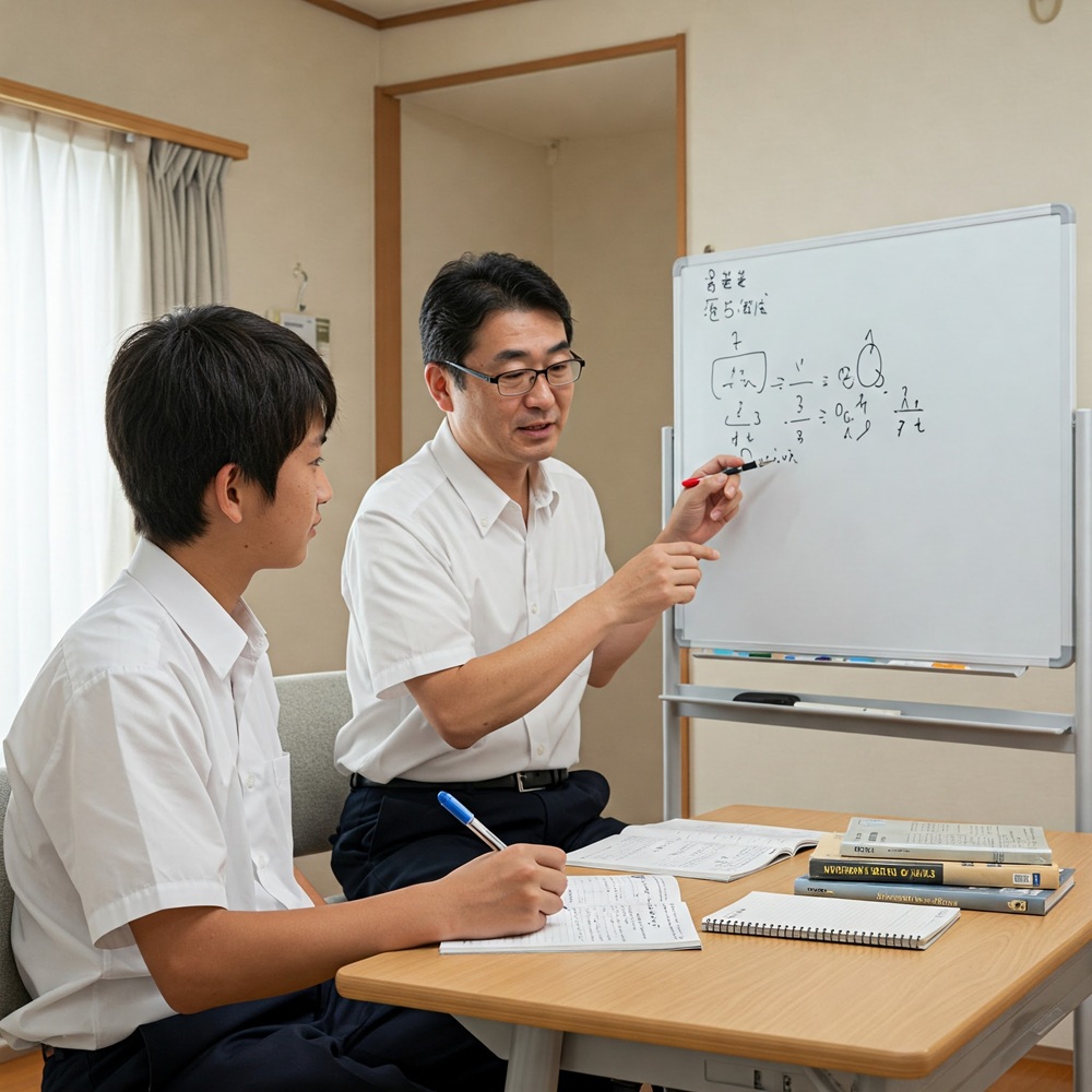 男子高校生が成績を上げる塾で勉強を教えて貰っている画像