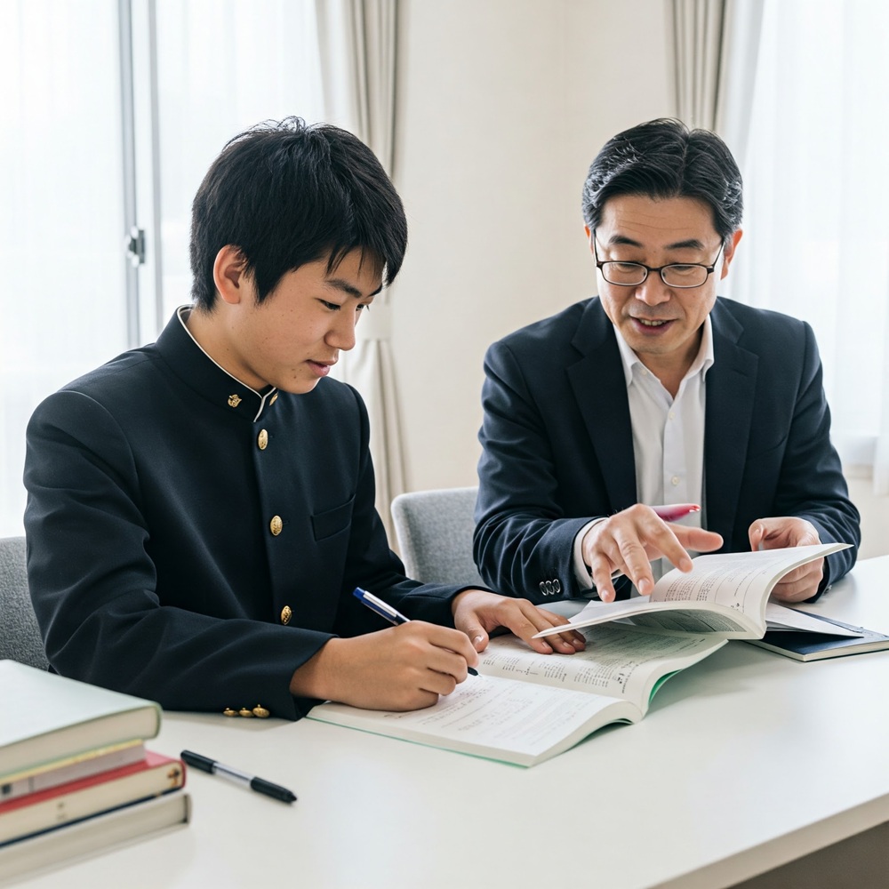 高校3年生が成績を上げる塾で勉強を教えて貰っている画像