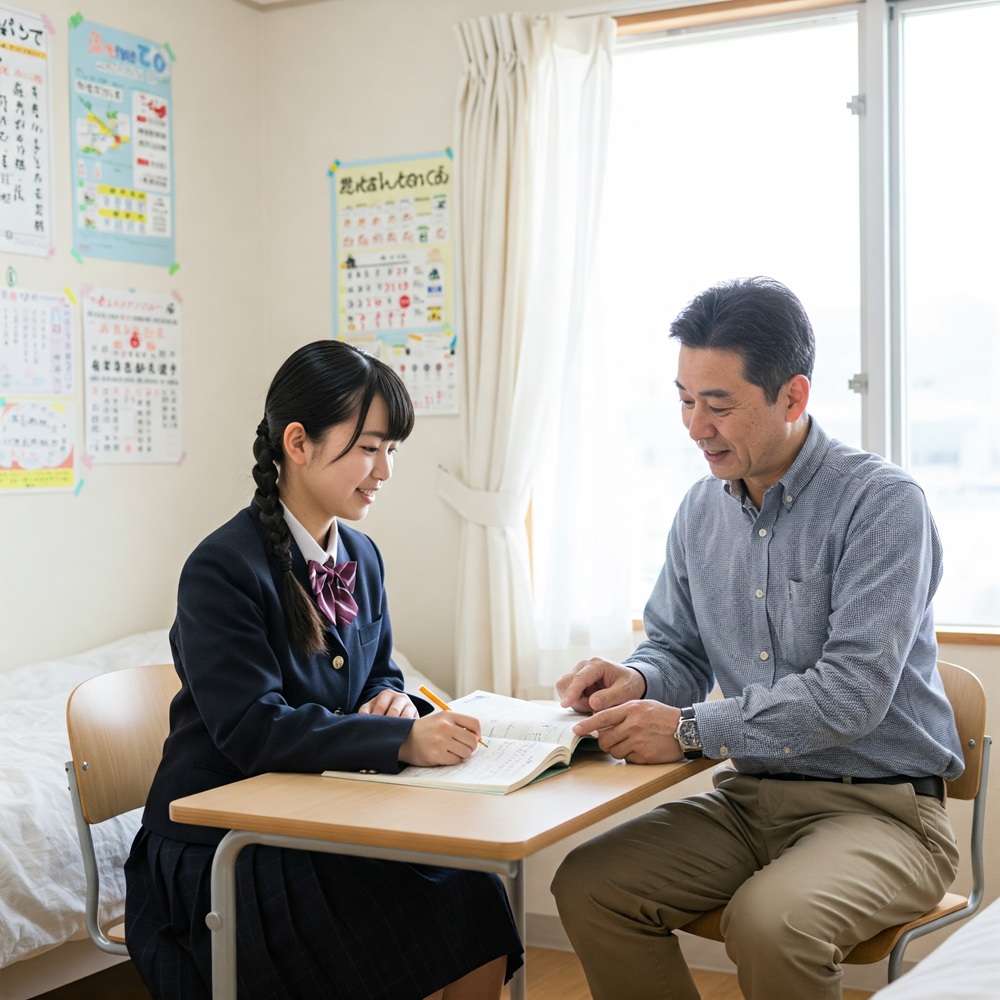 女子中学生が成績を上げる塾で勉強を教えて貰っている画像