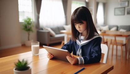 小学生の女の子がタブレットを使ってスマイルゼミで勉強している画像