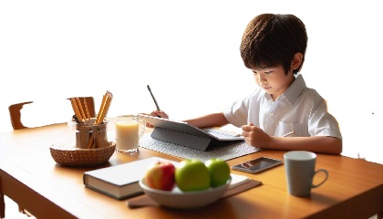 男子小学生がタブレットを使ってスマイルゼミで勉強している画像