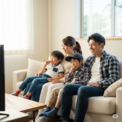 親子４人でアニメ映画を観ている画像